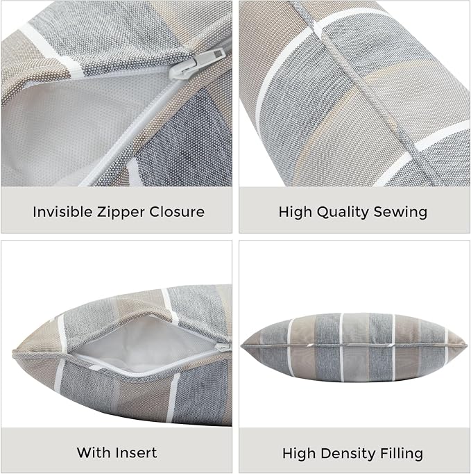 FUNHOME Outdoor Lumbar Pillows Water Resistant 12x20 inch,Decorative Throw Pillow Set of 2 with Insert,Hidden Zipper Headrests for Patio Furniture Sofa Couch Chair(Gray Stripe)