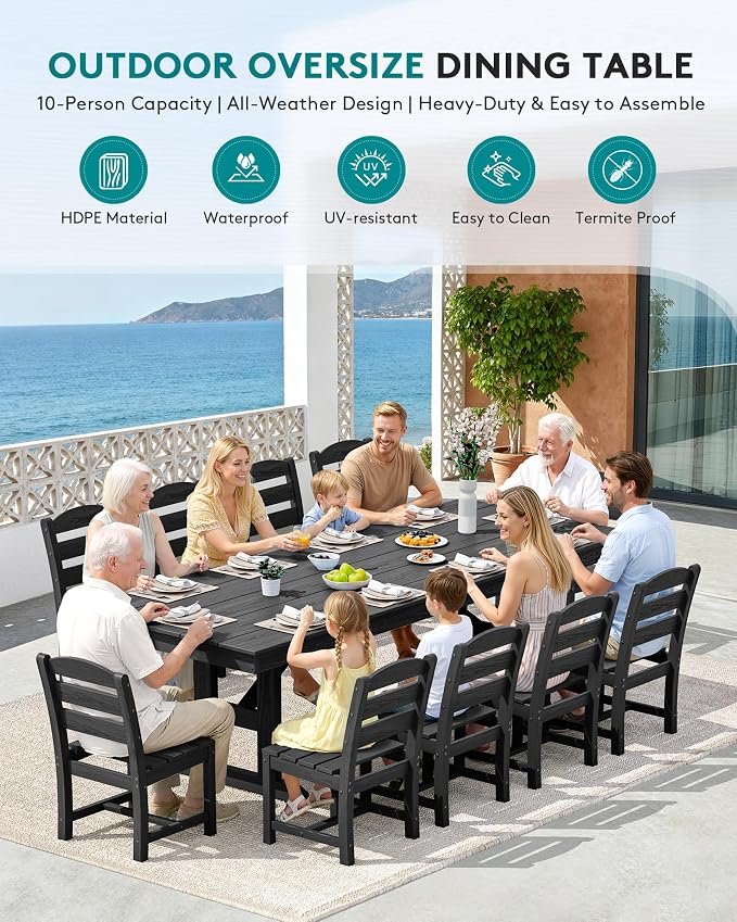 SERWALL Outdoor Armless Dining Chairs Set of 4, All-Weather HDPE Patio Chair with 19.7" Widened Seat, for Backyard, Garden, Black