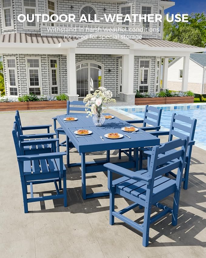 K Knowbody 7-Piece Outdoor Patio Dining Table and Chairs Set, Seats 6 | Steel-Reinforced HDPE, 100 lb/sq ft Load Capacity, 2-Inch Umbrella-Ready Tables, All-Weather, Fade-Resistant, Navy Blue