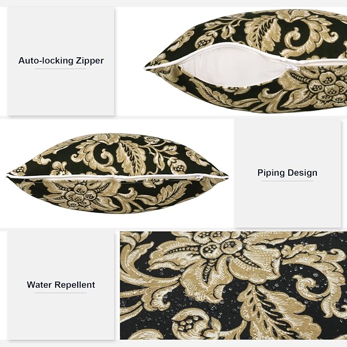 Outdoor Throw Pillows Inners, Fade Resistant Patio Furniture Square Pillows with Piping Set of 2 for Patio Furniture, 18x18 Inch, Jacobean Black