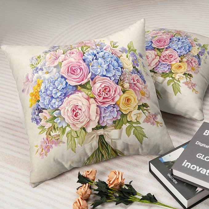 Spring Summer Floral Pillow Covers 16x16 Pink Rose Blue Hydrangea Throw Pillow Covers Exquisite Bouquet Pillow Case Flowers Cushion Case for Living Room Couch Sofa 2 Pack