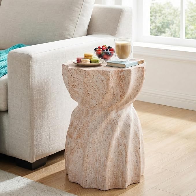 Merax 19.29" H Modern Outdoor Concrete Side Table, Patio End Table with Sculptural Fluted Design, Weather-Resistant Hourglass Shape Accent Table for Garden, Balcony & Poolside, Beige Marble