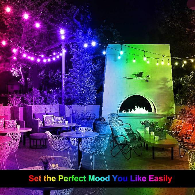 48FT Outdoor Patio RGB Cafe String Lights with Remote, Black | Plug in, 8 Lighting Modes, 15+2 S14 LED Edison Bulbs, Dimmable, Shatterproof, Waterproof, Linkable, for Christmas Party Yard