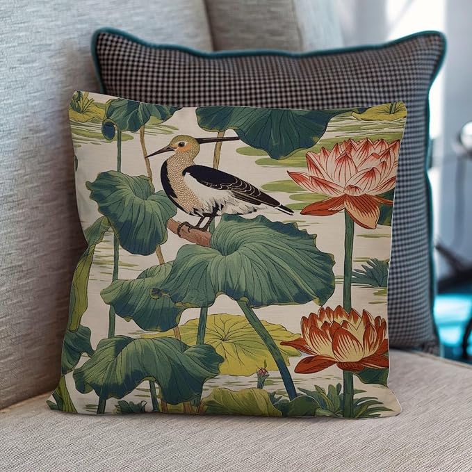 Nympheus Pistachio Outdoor Cushion Cases Lotus Pond Bird Throw Pillow Cover Accent Waterproof Throw Pillow Covers for Patio Furniture Tent Garden 22x22 in