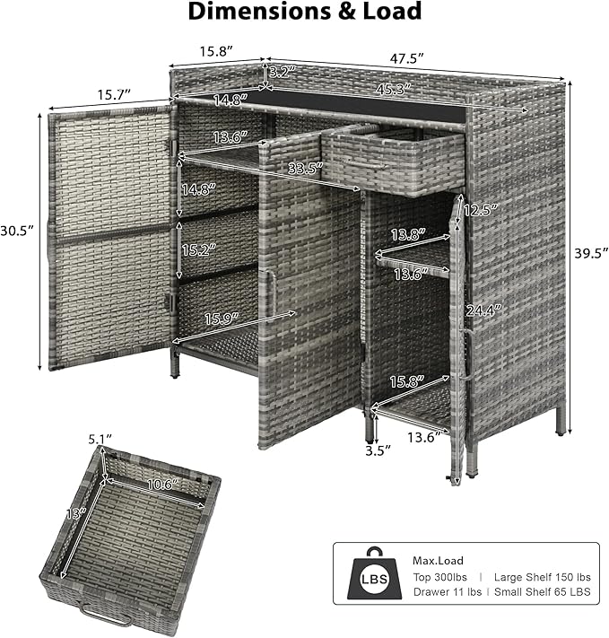 RUNNA Wicker Outdoor Storage Cabinet with Tempered Glass Desktop, Weather-Proof Rattan Bar Table with Three Doors, Adjustable Shelf, and One Drawer, for Outdoor Cushions, Pool Toys (Grey@045)