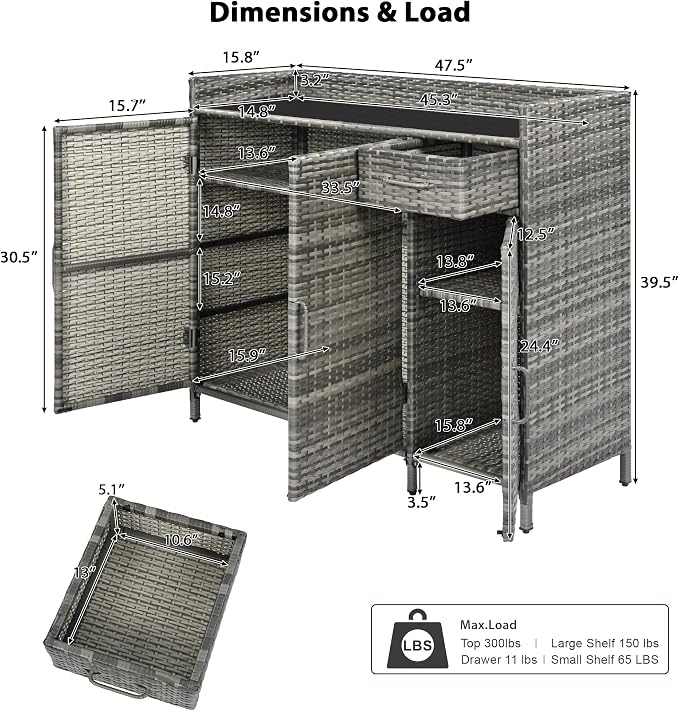 47.5" W Wicker Outdoor Storage Cabinet with Tempered Glass Desktop, Adjustable Shelf, Drawer, and Three Doors – Weather-Proof Rattan Bar Table for Outdoor Cushions and Pool Toys