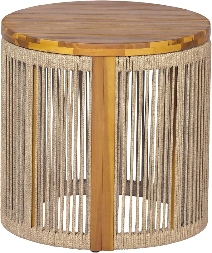 Christopher Knight Home Kimmy Outdoor Side Table with Rope Accent, Acacia Wood Coffee Table, Patio Round Side Table, Weather Resistant Accent Table for Outdoor Patio Furniture Set, Brown + Teak