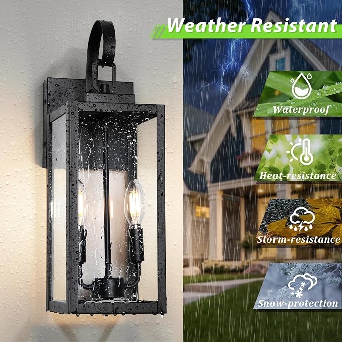 BesLowe 18" Large Outdoor Wall Light, 2-Light Black Exterior Sconce | Waterproof, Rust-Resistant, Durable Metal with Clear Glass, Standard E12 Socket, Easy to Install