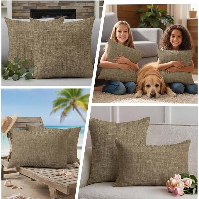 Outdoor Waterproof Throw Pillow Covers Set of 2 Brown Linen Pillowcases 20x20 Inches Farmhouse Pure Color Decorative Pillows Cushion Case Patio Pillows for Couch Bed Chair Garden