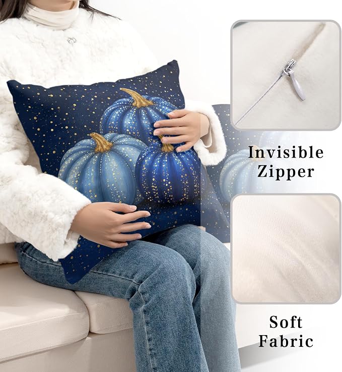 Navy Blue Pumpkin Pillow Covers Fall Throw Pillow Covers 20x20 Set of Harvest Thanksgiving Pillow Cases Autumn Outdoor Cushion Cases for Home Bedroom Living Room Patio