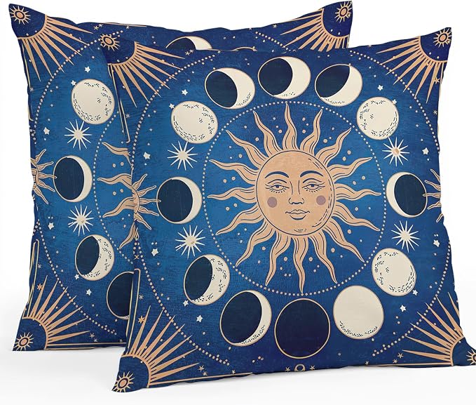 Celestial Sun and Moon Waterproof Outdoor Pillow Covers Set of 2 Home Decor, Blue Starry Galaxy Boho Pillowcase Patio Pillow Covers for Couch Bench Patio Furniture Garden 18x18in