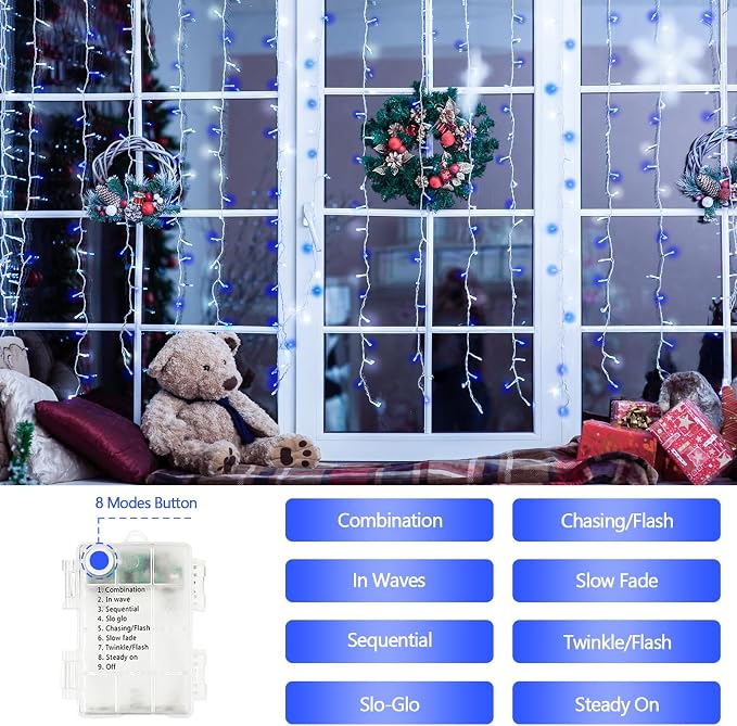2 Pack 200 LED Battery Operated String Lights, Twinkle Lights Blue & White | 66FT 8 Modes Fairy Lights Indoor Outdoor with Auto Timer, Waterproof Christmas Lights for Bedroom Party Porch Tree Decor