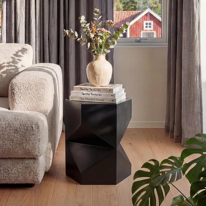 HOMPUS Outdoor Side Table Polygonal, Concrete End Table Hexagonal w Gloss Finish, Patio Accent Table Modern Design Home Decor, MgO Coffee Table for Living Room, Garden, Backyard, Black