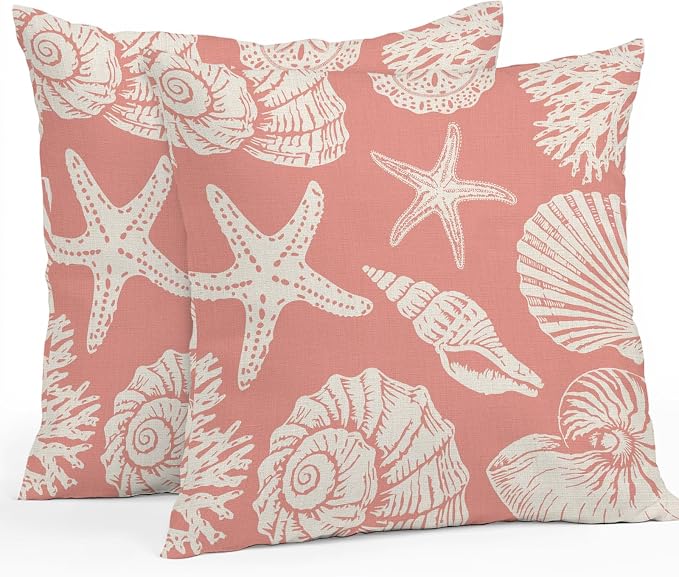 Waterproof Pillow Covers Set of 2 18x18 Inch Ocean Coastal Outdoor Cushion Covers Shells Starfish Conch Coral Red Linen Decorative Pillow Cases for Patio, Sofa, Couch, Garden, Balcony