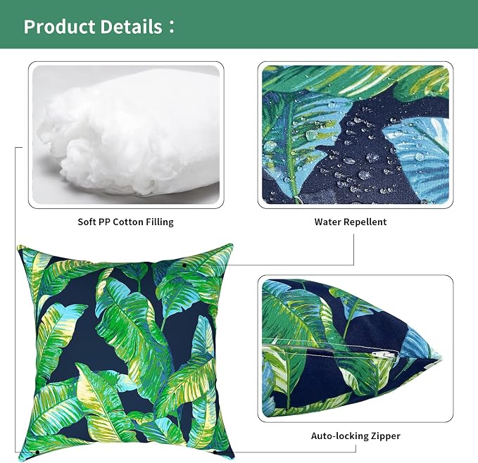 Outdoor Pillows for Patio Furniture 16x16 inch, Square Outdoor Throw Pillows with Inserts, Decorative Patio Pillows for Garden Couch Home Sofa Office Chair, Pack of 2, Hanalei Lagoon