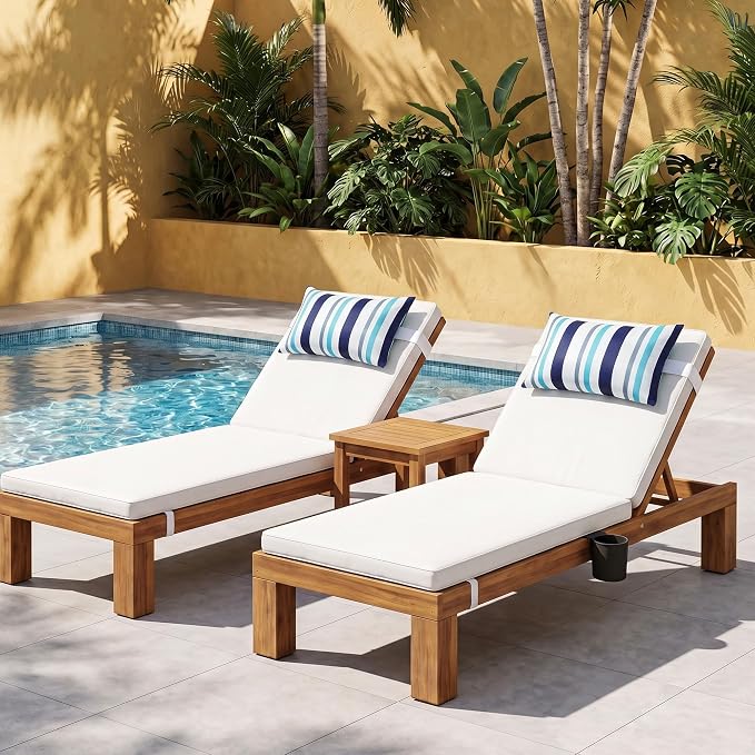 2 Pcs Outdoor Headrest Pillow for Patio Chaise Lounge 11"x16" | Navy Blue Striped Waterproof Pillows with Insert Adjustable Elastic Strap, Chair Head Resting Pillow for Recliner Beach Pool