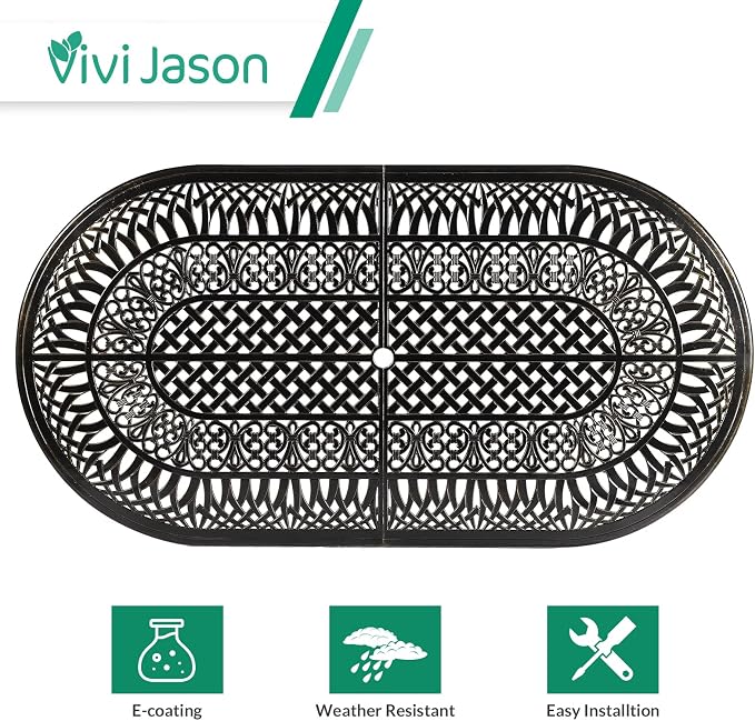 VIVIJASON Large Patio Dining Table, Outdoor Oval Dining Table Fits for 6-8 Person, Bronze Cast Aluminum Rustic Patio Table with Umbrella Hole for Balcony, Porch and Deck