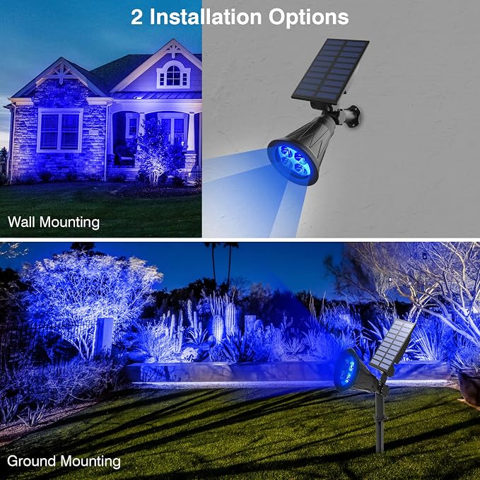 T-SUN Blue Solar Spotlights, Solar Lights Outdoor Waterproof, Auto ON/Off Adjustable Solar Garden Pond Lights for Tree, Patio, Yard, Garden, Driveway, Stairs, Pool Area (Blue- 4 Pack)