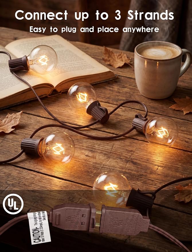 SUNSGNE 25Ft Globe String Lights with 27 Clear G40 Bulbs, Natural Warm Bulb Hanging Umbrella Lights for Backyard Patio Garden Party Cafe Indoor Outdoor Decor-Brown