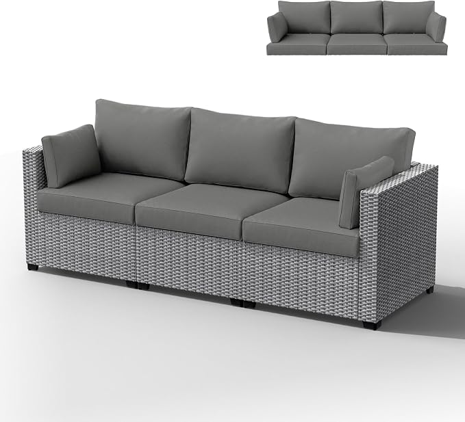 Outdoor Furniture Replacement Cushions, Waterproof Patio Furniture Cushions, 4" Deep Seat Outdoor Sectional Cushion for 3-Seat Outdoors Rattan Sofa Patio Sofa Cushion, Light Grey