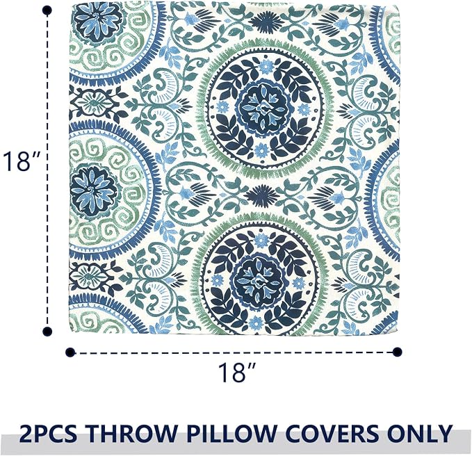 Outdoor Throw Pillow Covers 18x18 Inch, Decorative Pillow Covers for Patio Furniture, Medallion Blue Modern Cushion Cases for Garden Couch Home Sofa, Pack of 2