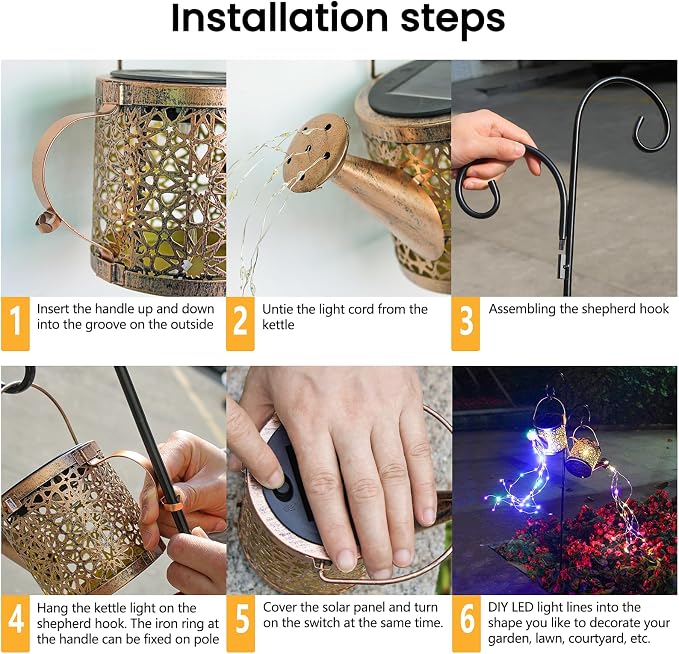 Solar Lights Outdoor Decorative, 2 Pack Metal Solar Watering Can Lights Waterproof, Small Hanging Garden Decor Yard Lights Outside Patio Lawn, Gifts for Mom Grandma Women Birthday(Colorful)