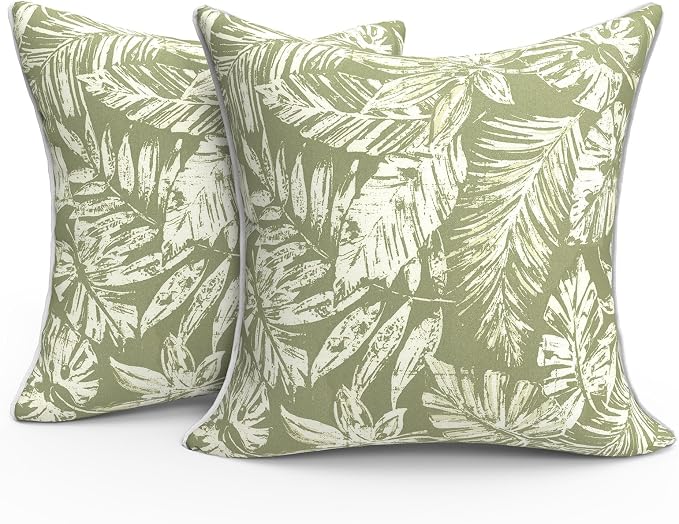 Outdoor Throw Pillows Inners, Fade Resistant Patio Furniture Square Pillows with Piping Set of 2 for Patio Furniture, 18x18 Inch, Tropical Leaf Green