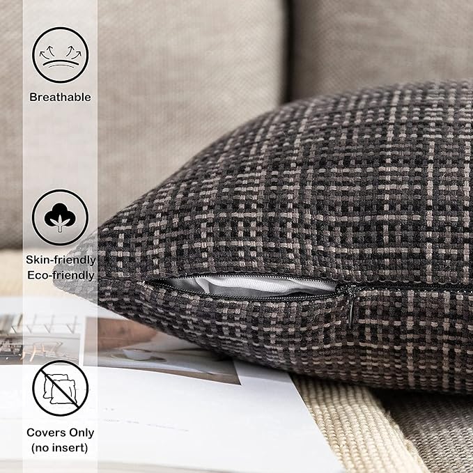 Kevin Textile Outdoor Waterproof 12"x24" Lumbar Pillow Covers 2 Pack, Black | Water Resistant, Faux Linen Yarn-dyed, Woven Texture Throw Pillow Covers for Tent Patio Garden Couch Sofa