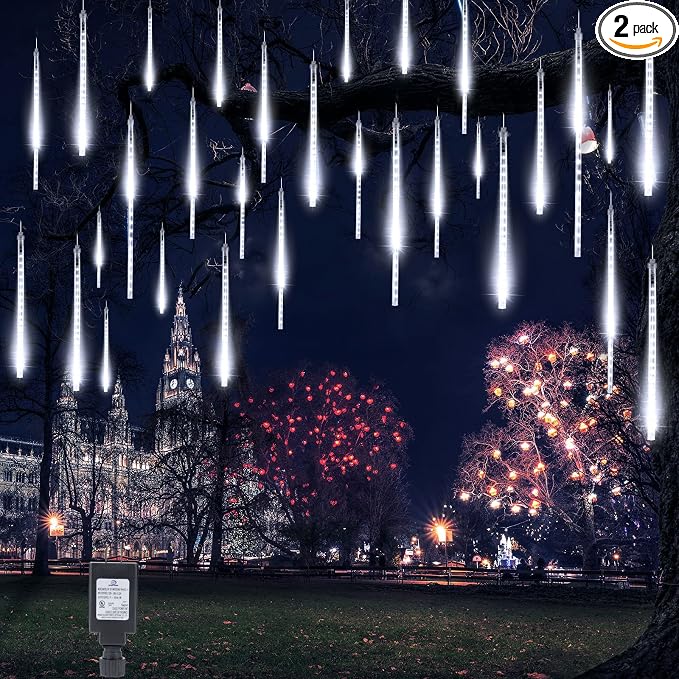 Meteor Shower Lights Outdoor, 2 Pack 11.8 Inches 10 Tubes 240 LED Snowfall Lights, Waterproof Meteor Christmas Light, Hanging Falling Rain Light for Tree Bushes Holiday Party Decoration, White