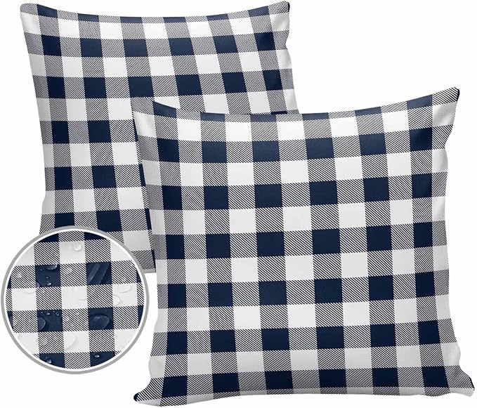 Outdoor Waterproof Throw Pillow Covers Set of 2 Buffalo Plaid Dark Blue Check Pillowcases 20x20 Inches Farmhouse Style Patio Decorative Pillows Cushion Case Patio Pillows for Couch Bed Chair Garden