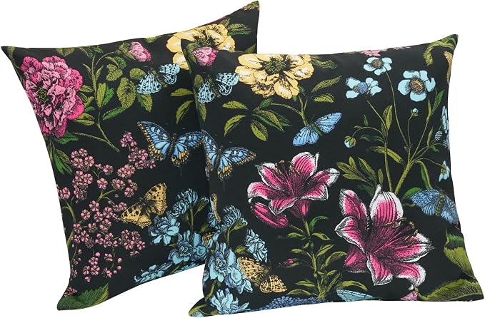 FUNHOME Outdoor Throw Pillows 18x18 inch,Decorative Throw Pillow with Insert Set of 2,Water Resistant Pillow for Patio Furniture Sofa Couch Chair(Butterfly Flower Black)