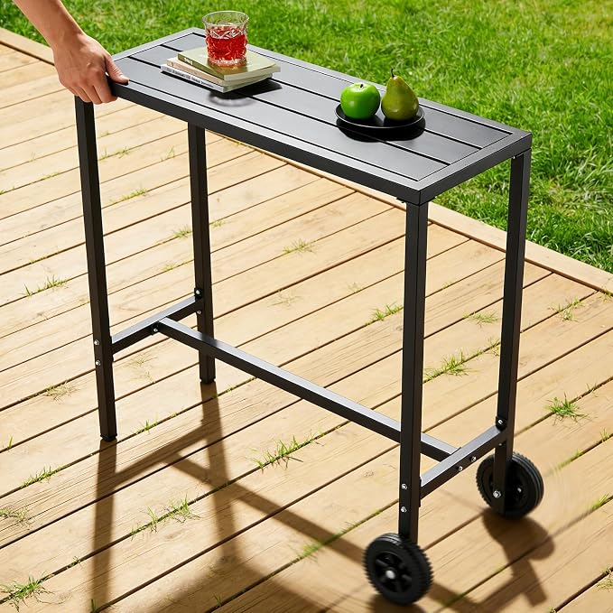 Takywep 39 Inch Counter Height Outdoor Bar Table with Wheels & Adjustable Leveling Feet, Multipurpose High Top Bar Table for Kitchen, Home Bar, Patio, Balcony, Black