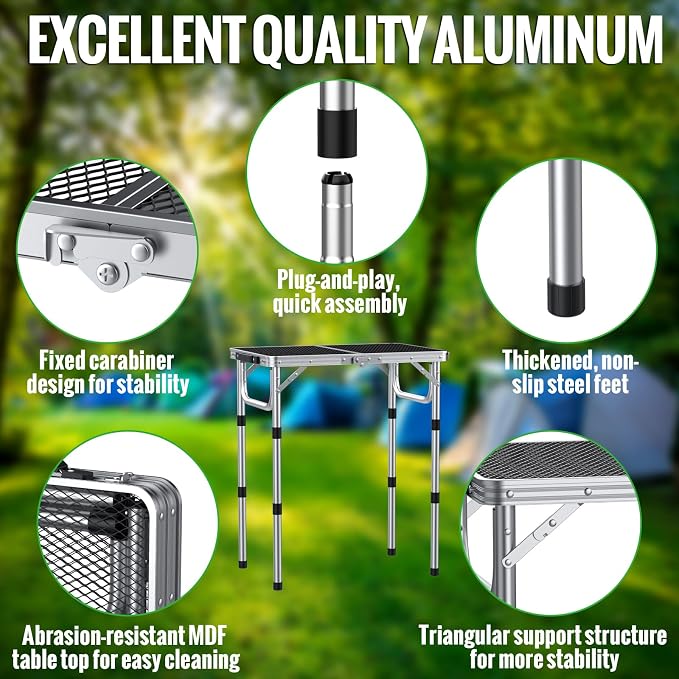 GARLLEN 2ft Folding Grill Table, 3 Adjustable Height Folding Camping Table with Heat-Resistant Mesh Tabletop, Portable Aluminum Picnic Tables for BBQ, Camping, Outdoor, 22.8" L x 15.7" W