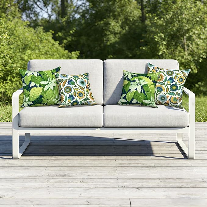 Outdoor Pillows with Insert 18x18 Inch, Waterproof Throw Pillow for Patio Furniture, Decorative Back Cushion for Garden Home Sofa Office Chair, Set of 2, Jungle Leaves