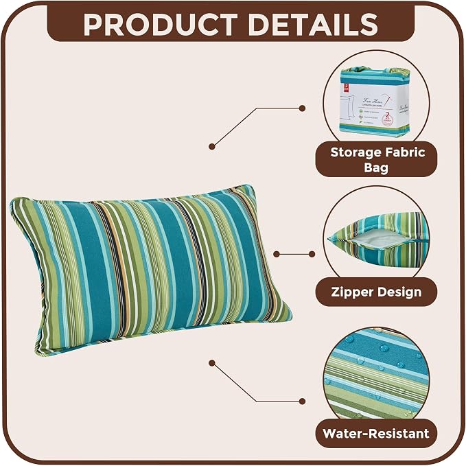 FUNHOME Outdoor Lumbar Pillow Covers 12X20 Inch, No Insert-Green Stripe | Patio Lumbar Cases Pack of 2, Water-Repellent, Throw Pillowcase for Couch Garden Furniture