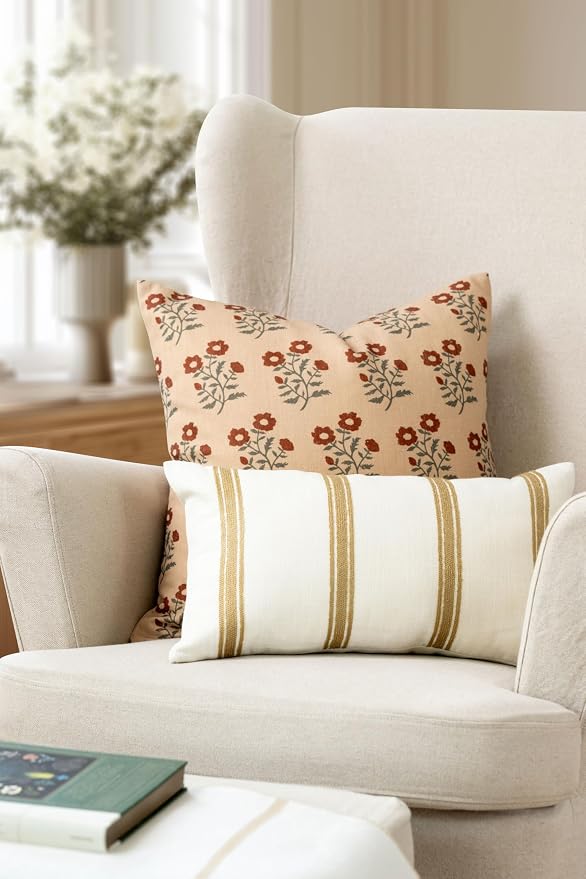 Modern Farmhouse California Casual Indoor Outdoor Lumbar Pillow Cover, 12"x20" Water Repellent for Patio, Backyard, Couch, Poolside, Neutral Ivory Cream Embroidered Stripes