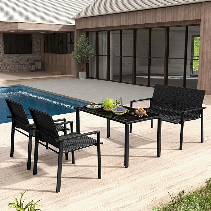 HAPPYGRILL 4 Pieces Wicker Patio Conversation Set with Coffee Table, PE Rattan Chairs with Galvanized Metal Frame, Outdoor Table and Chairs Set for Small Space, Balcony, Poolside, Backyard (Black)