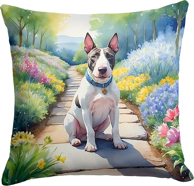 Caroline's Treasures Bull Terrier Spring Path Throw Pillow Machine Washable, Indoor Outdoor Decorative Pillow for Couch, Bed or Patio, 14Hx14W
