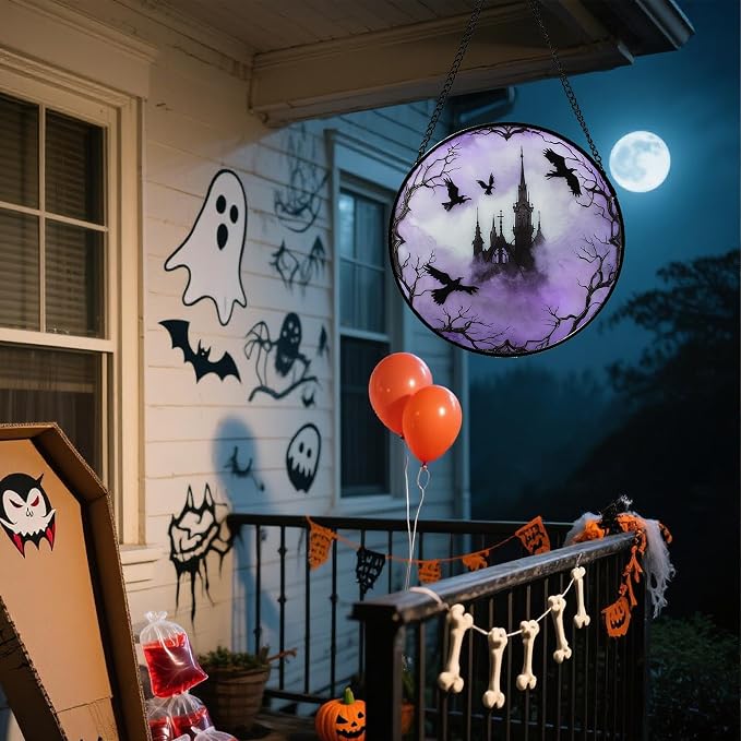 Stained Glass Window Hanging - Halloween Gothic Castle Purple Smoke Suncatcher for Doors Garden Home Spooky Crow Sun Catchers Gothic Decor Horror Gift for Women Men Friend Boy Girl 7.8 in