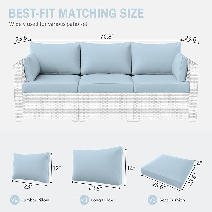 Outdoor Furniture Replacement Cushions, Waterproof Patio Furniture Cushions, 4" Deep Seat Outdoor Sectional Cushion for 3-Seat Outdoors Rattan Sofa Patio Sofa Cushion, Sky Blue