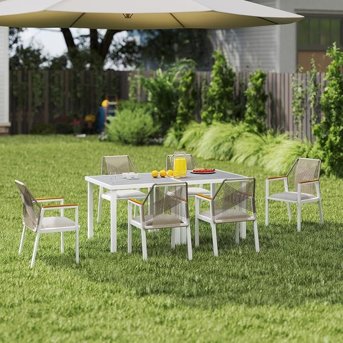 Aluminum Outdoor Patio Dining Chairs - Imitation Rope Vine Chair Ergonomic Backrest Design Detachable Seat Cushion Soft and Breathable Garden Porch, White 2Pcs