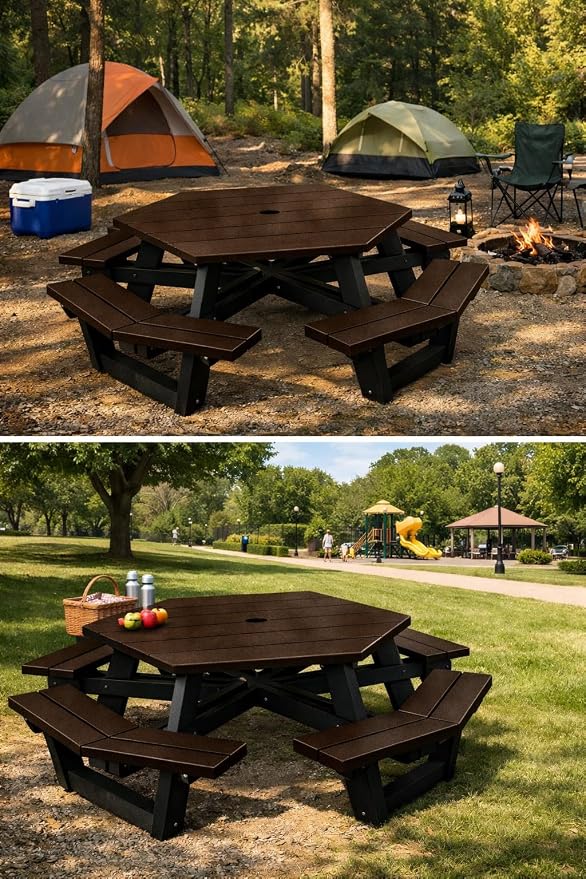 Frog Furnishings Hex Table Bench, Portable Outdoor, for All Weather, Backyard, Dining Party, Patio, Also for School, College, Park, Playground, Swimming Pool