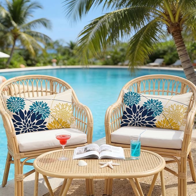 OTOSTAR Outdoor Dark Blue Cyan Yellow Pillow Covers 12x20 Inch Set of 2 Flower Throw Pillows Farmhouse Geometric Dahlia Floral Lumbar Cushion Case Waterproof Decor for Sofa Patio Funiture Garden