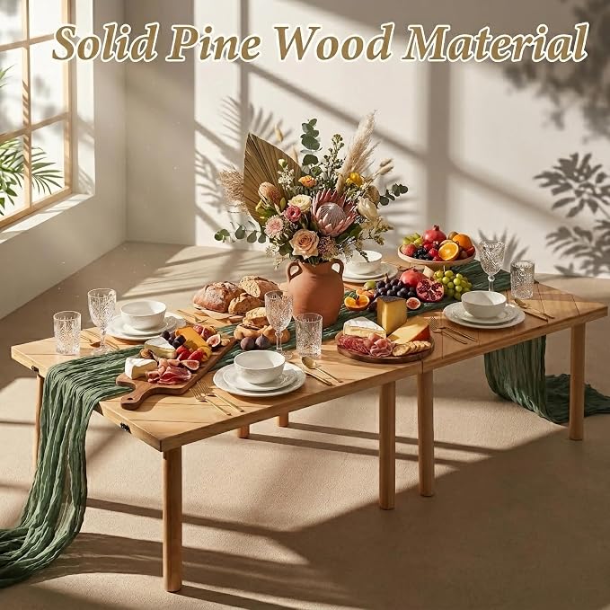 Wooden Folding Picnic Table - 60" x 30" Boho Low Picnic Table with Table Runner, Foldable Table for Indoor Outdoor Camping, Wedding, Beach, Garden, Party(Large Size for 6-8)