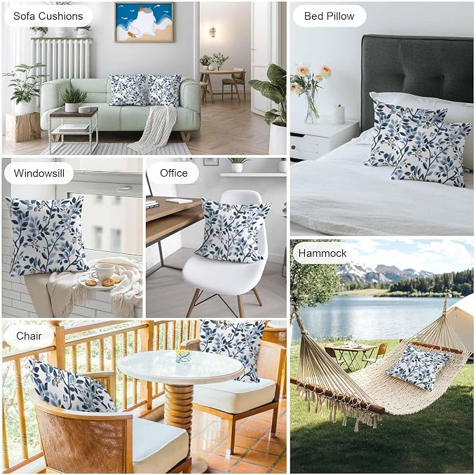 Throw Pillow Covers 26x26 Inch Set of 2, Navy Blue Botanical Waterproof Outdoor Pillow Covers, Summer Spring Leaves Decorative Cushion Pillowcases for Couch, Sofa, Bed, Garden, Patio