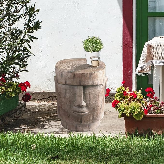 Outdoor Side Table Easter Island AHU Akivi Moai Statue Pedestal End Table Stool for Home Patio Deck Sunroom Garden Balcony Yard Lawn Grey