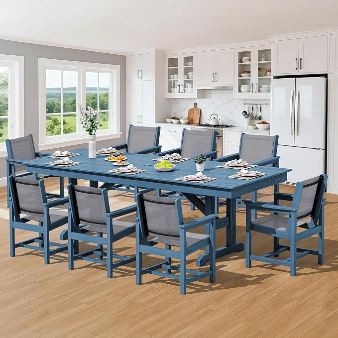 SERWALL 9 Piece Outdoor Dining Set, 84" HDPE Outdoor Large Table and Textilene Sling Chairs for 8，All Weather Patio Dining Furniture Set with Umbrella Hole for Backyard, Garden, Blue