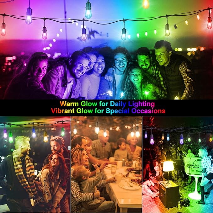 48FT Outdoor Patio RGB Cafe String Lights with Remote, Black | Plug in, 8 Lighting Modes, 15+2 S14 LED Edison Bulbs, Dimmable, Shatterproof, Waterproof, Linkable, for Christmas Party Yard