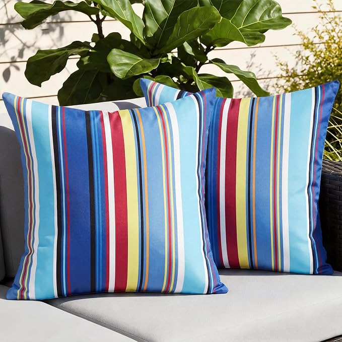 Pyonic Set of 2 Outdoor Pillow Covers 20x20 inch Waterproof Navy Nautical Striped Outdoor Pillow Covers Square Patio Pillows for Patio Tent Garden Beach