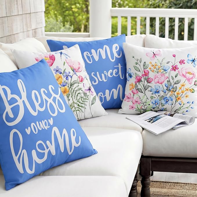 Adabana Outdoor Waterproof Floral Blue Pillow Covers 18x18 Set of 4, Bless Home